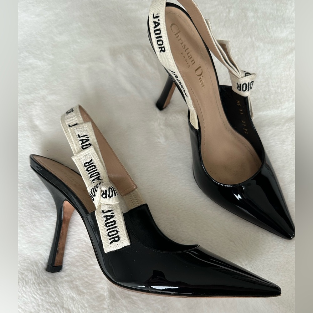 Dior Black Patent Leather Slingback Pumps with White J'Adior Straps